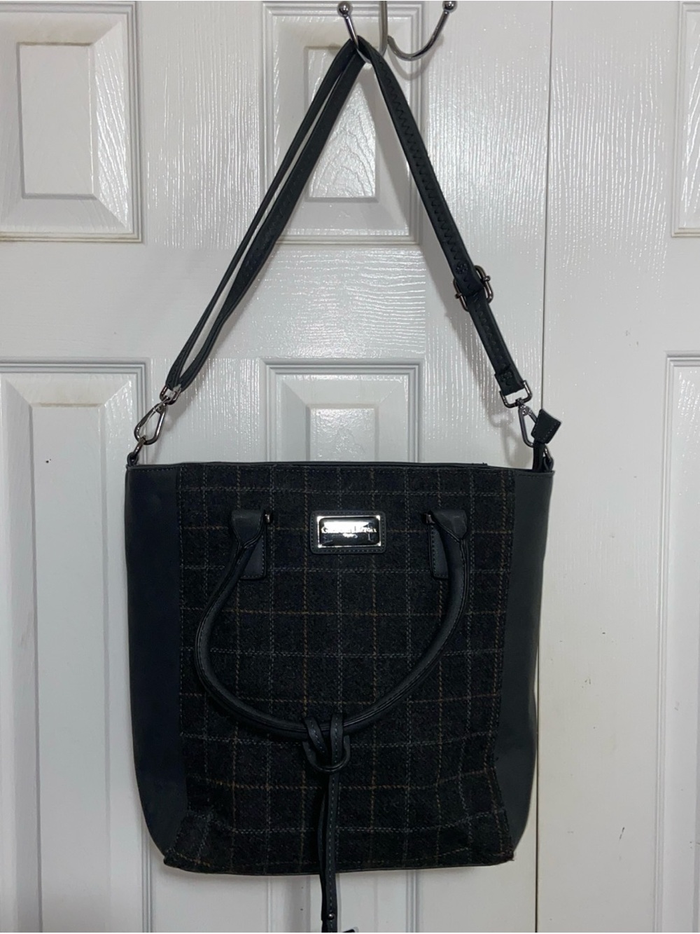 Christian Lacroix Black Plaid Shoulder Bag with Leather Trim
